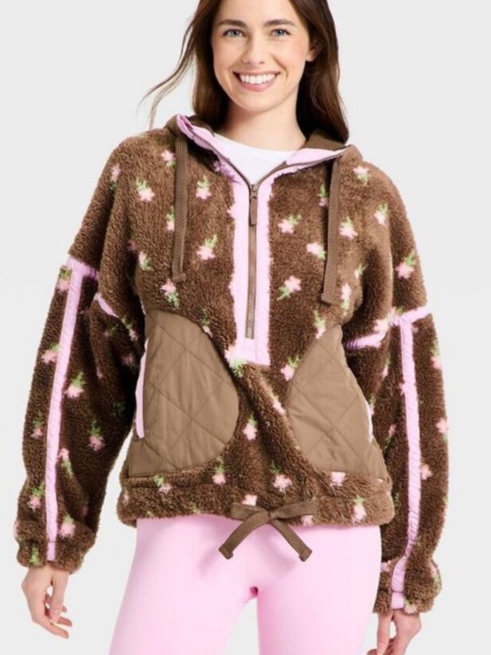 JoyLab Brown Sherpa Hoodie with Pink Accents- worn once size large